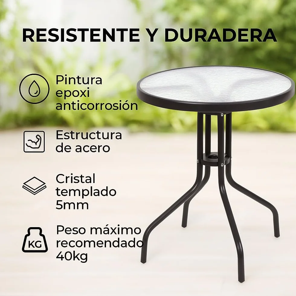 LOLAhome Mesa de jardín de Acero y Cristal Templado | De Ø 60 cm | Pintuta Color Antracita con epoxi Anticorrosión | Resistente y Duradera | Balcón, Terraza o Jardín | Trivia