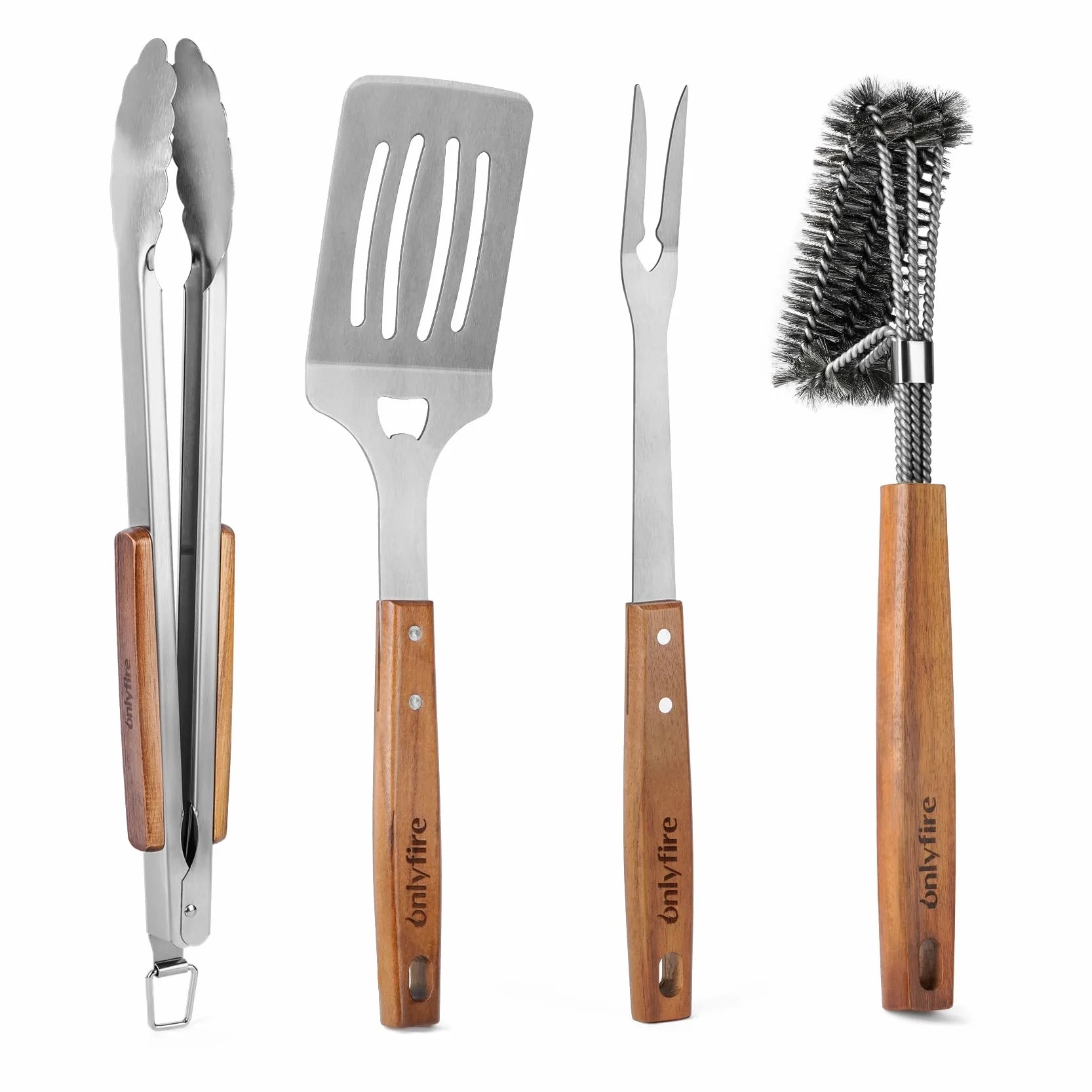 onlyfire 4 Pcs Kit de Utensilios para Barbacoas, Espátula para Plancha Perforada, Pinzas de Cocina, Tenedor y Cepillo para Barbacoa, Utensilios Profesionales para Asar y Cocinar Al Aire Libre