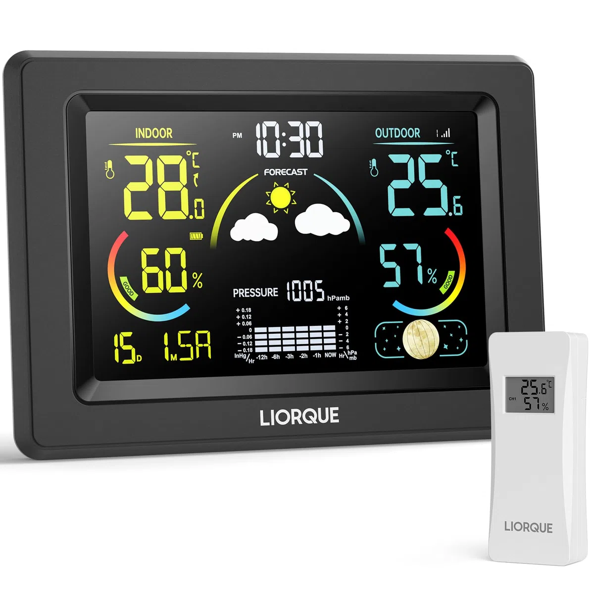 LIORQUE Estacion Meteorologica Interior Exterior, Estación Meteorológica con Sensor Exterior, Pantalla LCD VA en Color, Alarma, Fase Lunar, Temperatura Humedad Presión Fecha Previsión Meteorológica