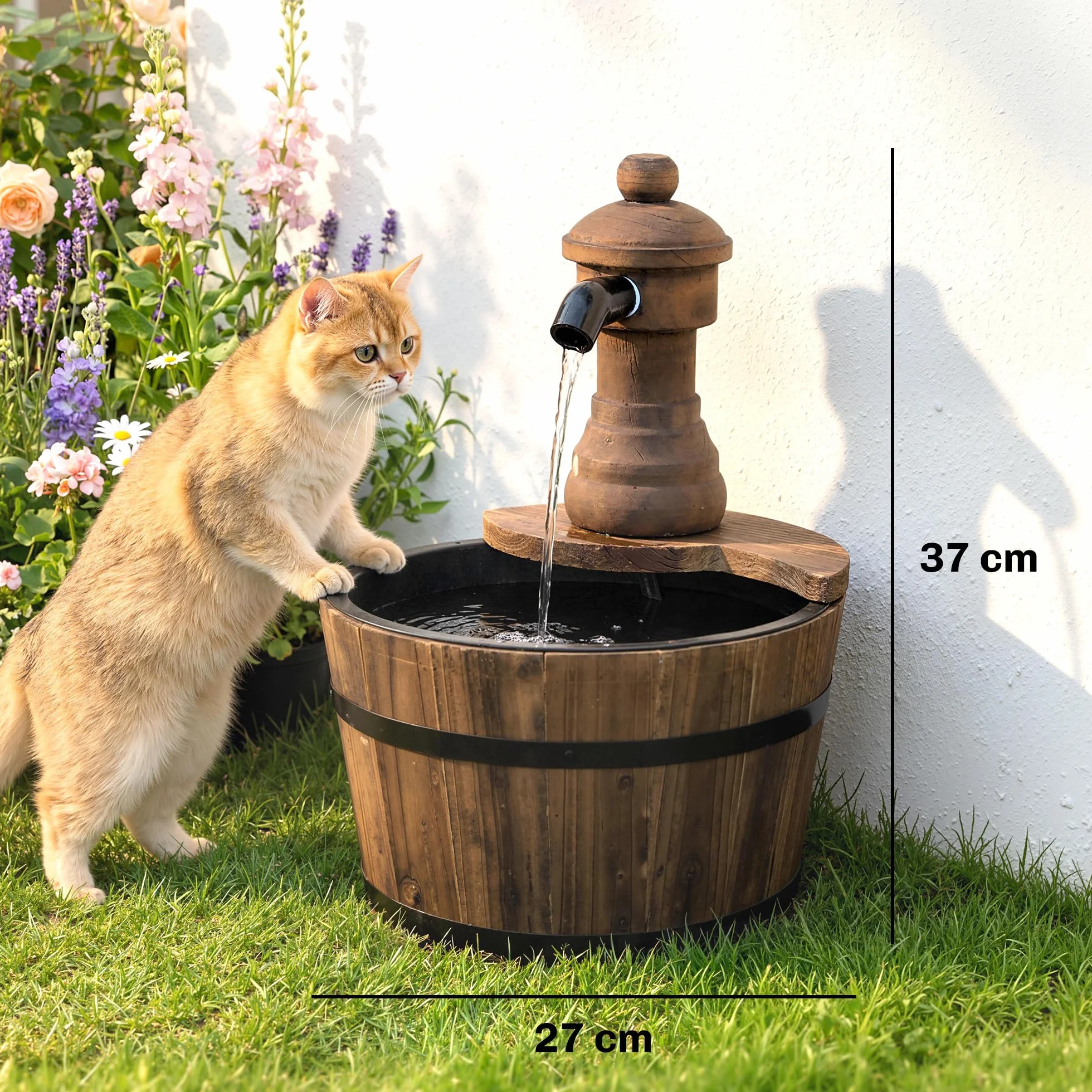 Outsunny Fuente de Agua de Madera Fuente de Jardín en Cascada con Bomba Eléctrica y Salida de Agua Ajustable para Decoración Patio Terraza 27x27x37 cm Natural