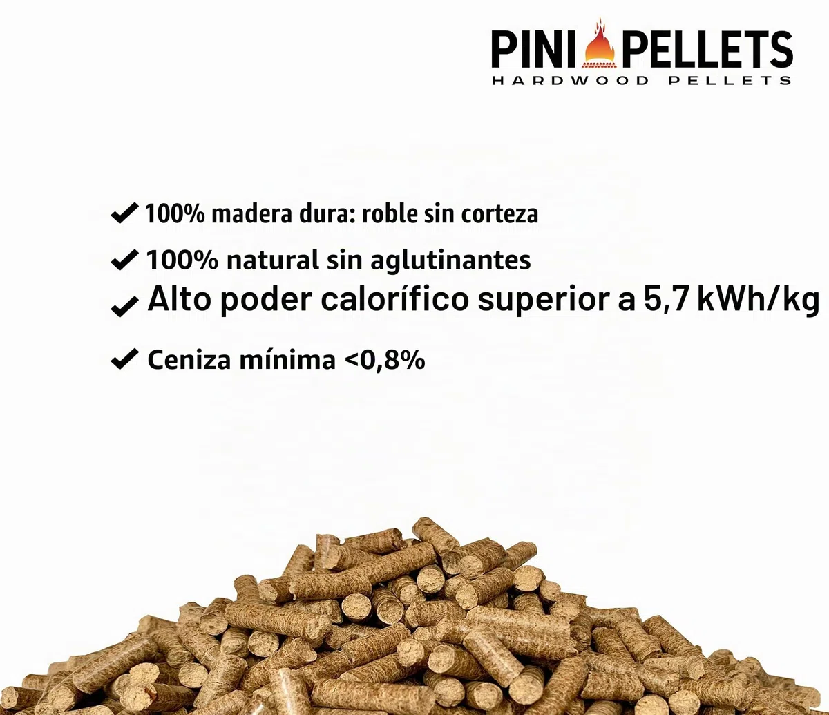 Pellets de madera dura 6 mm PINI 15 kg para calefacción, asar, ahumar