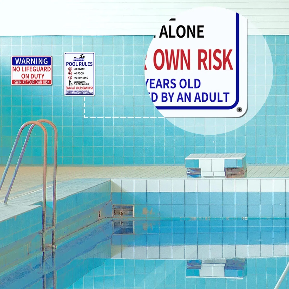 [Paquete 1+1] Letreros de piscina para exteriores, 14 x 10 pulgadas, impresos con "Watch Your Children" y "Swim at Your Own Risk", resistentes a la decoloración y sin óxido, carteles de piscina de