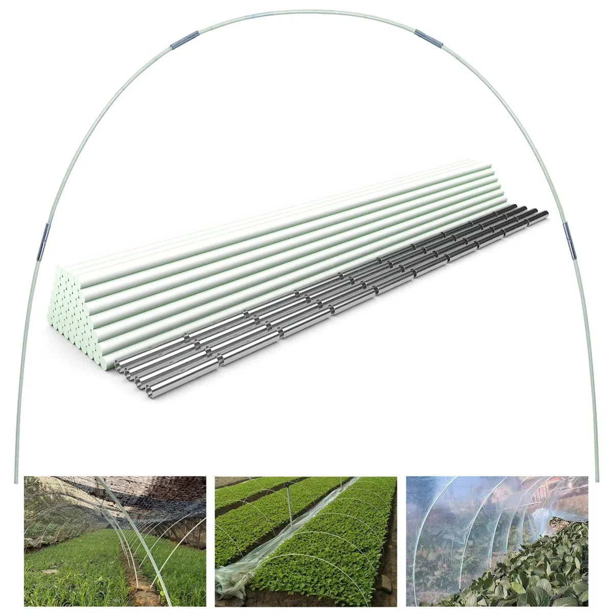 Juego de 50 aros de invernadero extraíbles de 43 cm para cubierta de plantas, politúnel, neumáticos de invernadero, arcos de plástico de fibra de vidrio, túnel de plantas para jardín, tela, estacas de