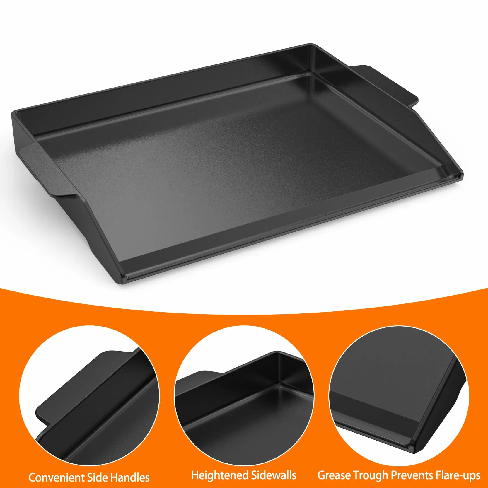 Onlyfire BBQ Griddle Plancha Universal de Hierro Fundido Esmaltado, Placa de parrilla con Paredes Laterales Extra Altas para Parrilla de Gas y Estufa, 52.5 x 40.5 cm