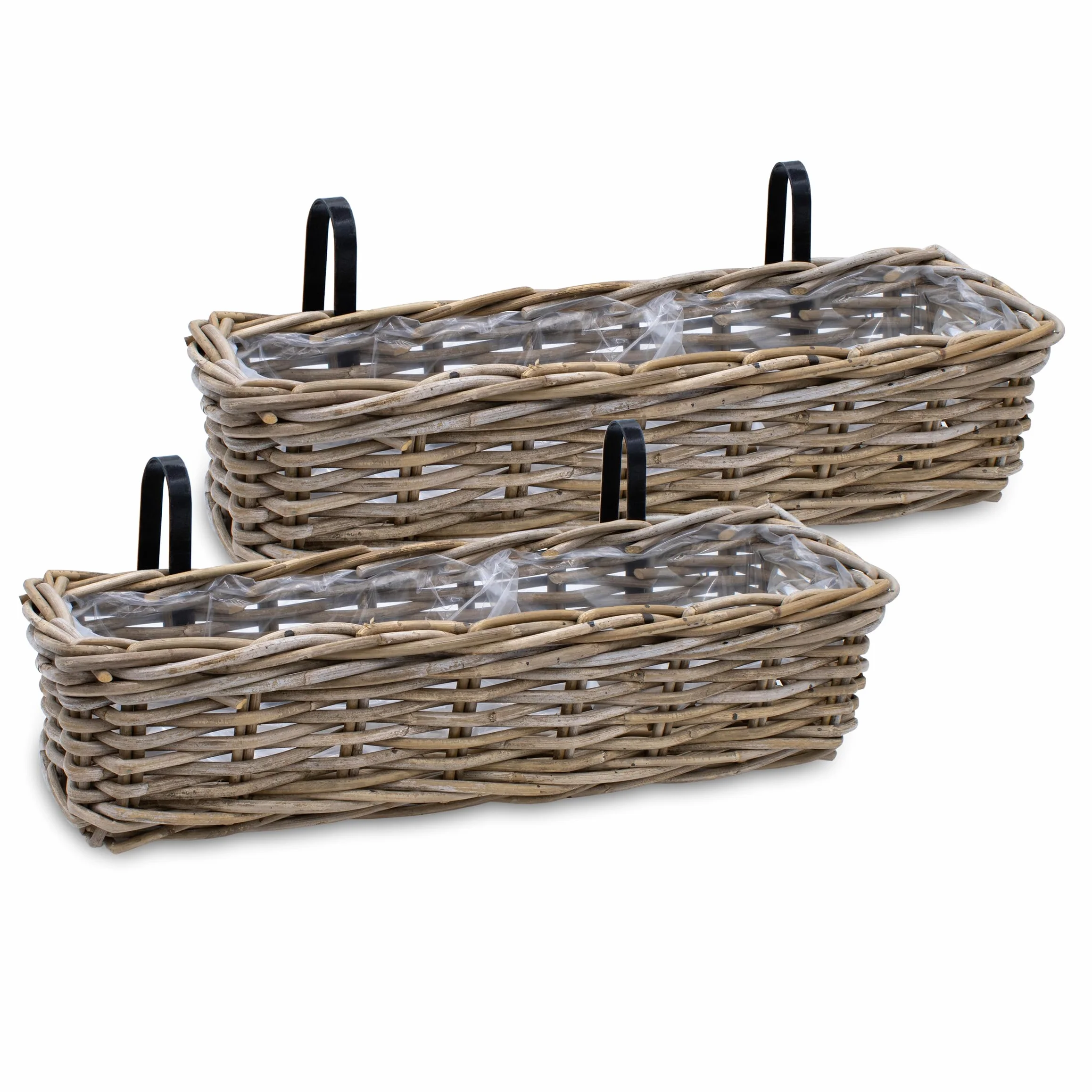 Spetebo Set de 2 maceteros de ratán natural para balcón 60 x 20 cm - Cesta de mimbre con soporte - Macetero para colgar en barandillas de balcón, jardín, macetero para flores