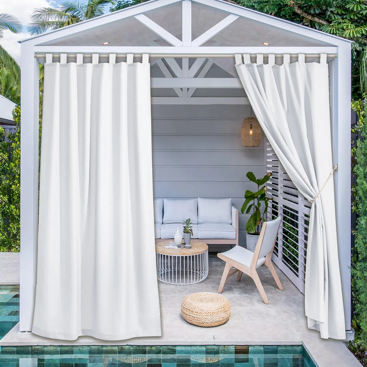 PONY DANCE Cortinas Exterior Terraza Cortinas Impermeable para Pergolas de Jardin Patio Porche con Adhesivas 2 Piezas,140x243cm,Blanco