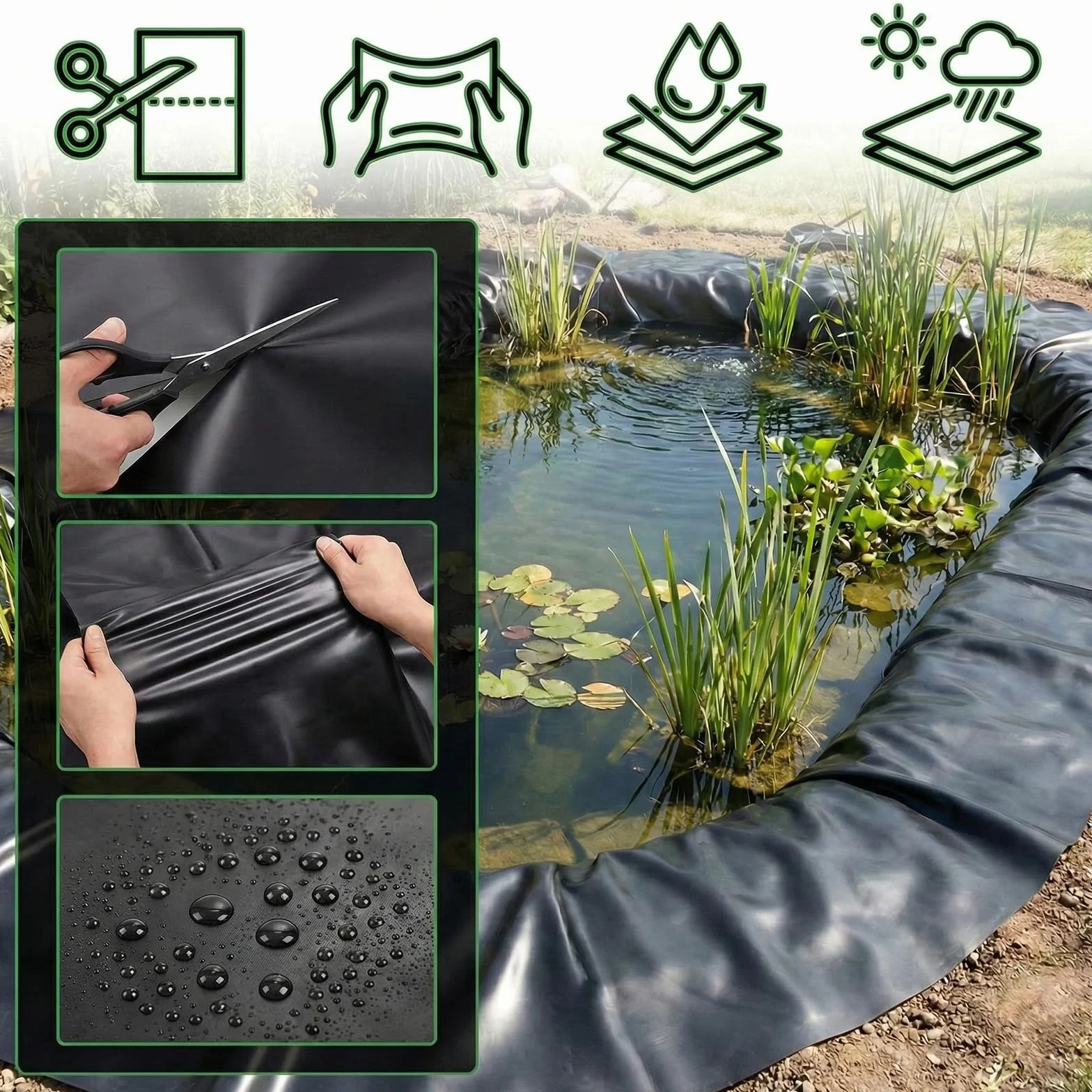 Lámina para estanque, 2 x 3 m, HDPE para estanques, cargas pesadas, 0,2 mm de grosor, lámina de sellado flexible, membrana de estanque, color negro, para estanques, jardines, estanques de