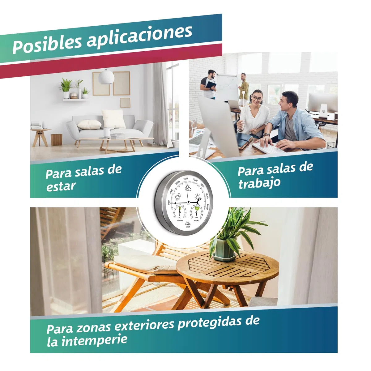 airself Estación meteorológica analógica para Interiores y Exteriores - con barómetro, termómetro, higrómetro - Acero Inoxidable