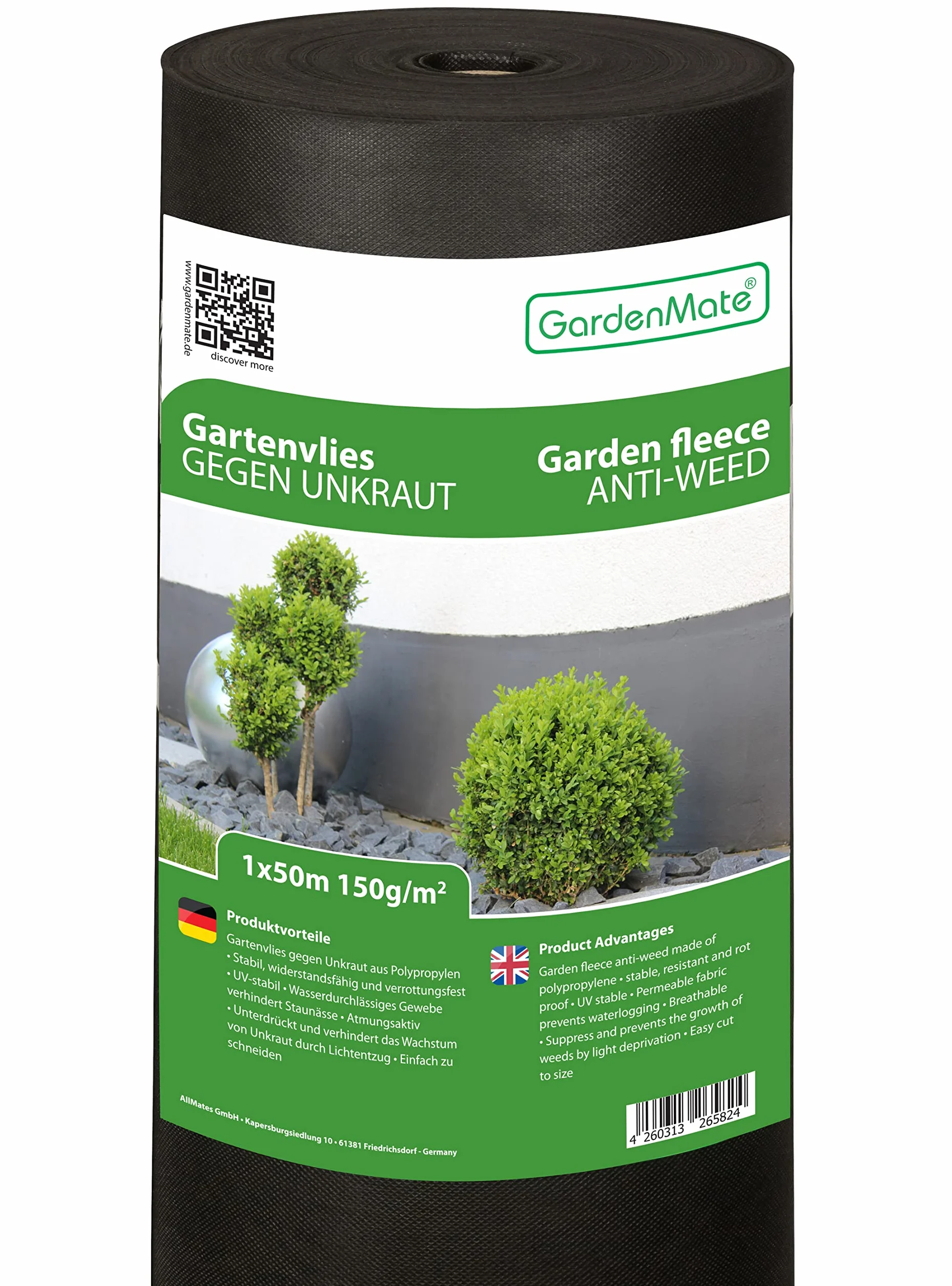 GardenMate Rollo de Malla geotextil prémium de 1 m x 50 m y 150 g/m² – Geotextil extrarresistente para Malas Hierbas – Alta estabilización contra UV – Permeable al Agua – 1 m x 50 m = 50 m²