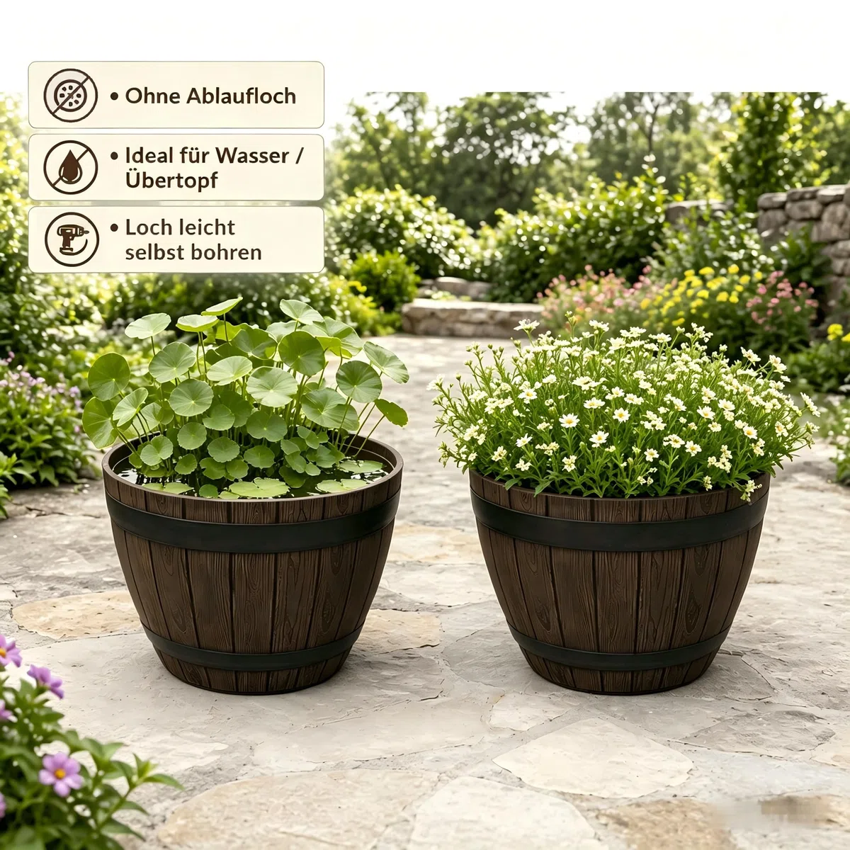 Macetero Grande Exterior de Plástico Efecto Madera - Color Castaño - Diseño Media Barrica - Ø 38 cm 19L - Maceta Resistente para Jardín, Terraza y Hogar