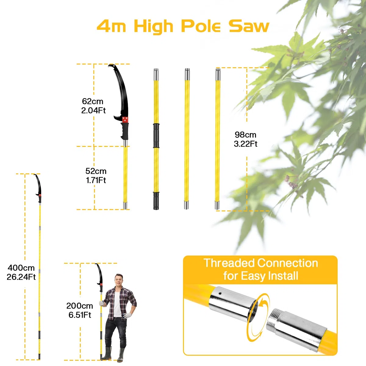 Sierra de poste manual de 4 m, sierra de podar 2 en 1, longitud ajustable con cuchillas afiladas, podadora de árbol de doble gancho, poda desmontable para jardinería, corte de ramas, poda alta de