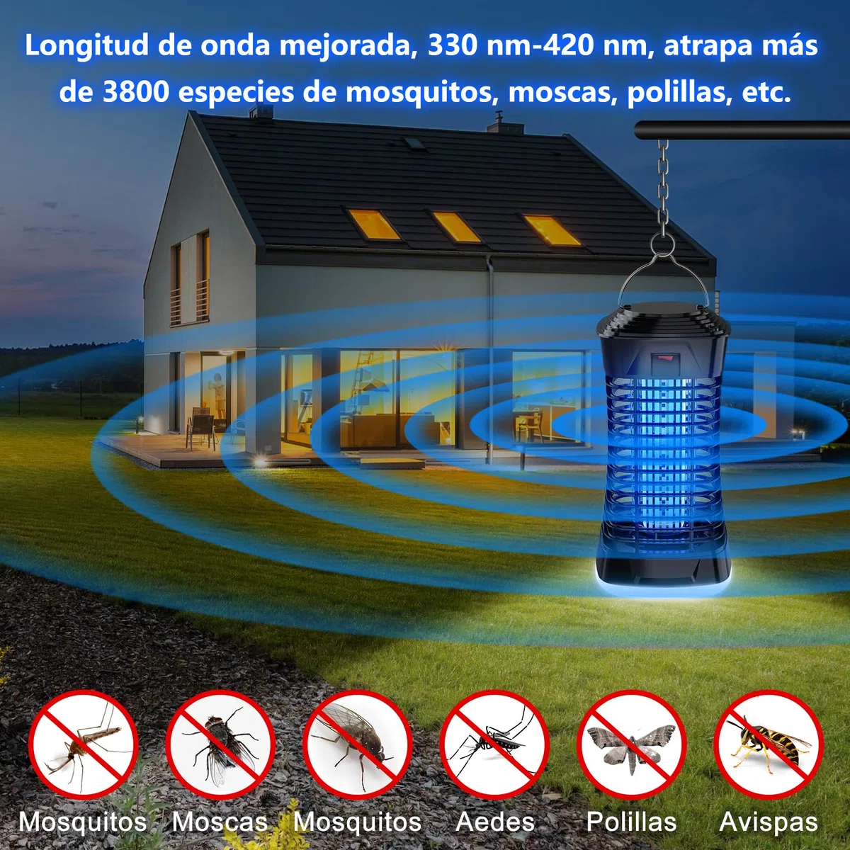 Loowoko Lampara Antimosquitos Exterior, Matamoscas Electrico Interior, 4200V Mata Mosquitos Electrico Exterior, Cable de 3m, Con luz en la parte inferior para camping, patio,dormitorio y sala de estar