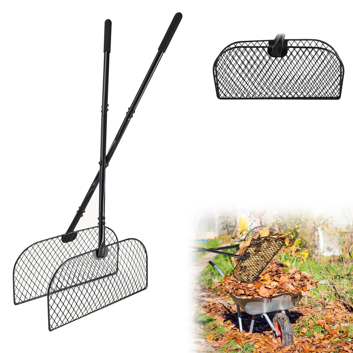 Rastrillo de hojas de mango largo, recogedor de hojas de jardín, rastrillo de metal con rastrillo de metal de 40 cm de ancho para recoger hojas, esquejes de hierba
