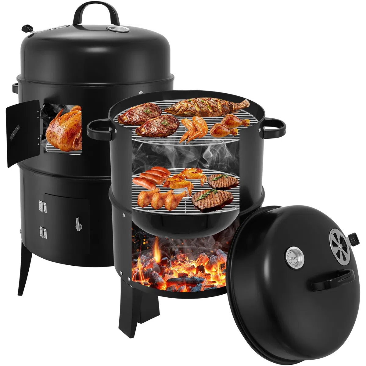 Horno de ahumado 3 en 1, ahumador, parrilla de carbón con tapa, parrilla para ahumar con gancho para ahumar y termómetro, parrilla para ahumado para camping, parrilla multifunción para ahumar, asar y