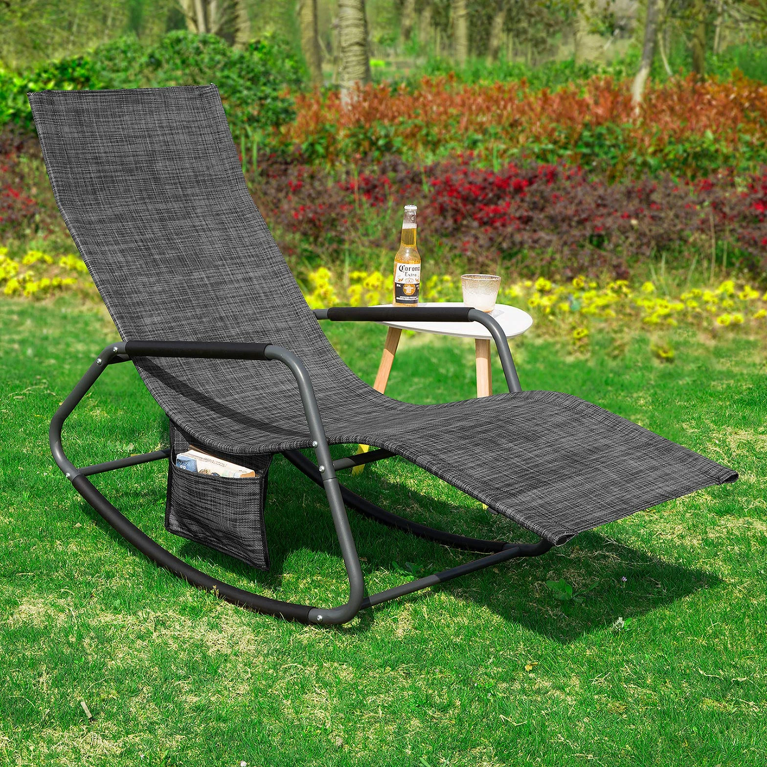 SoBuy Tumbona Mecedora de Jardín Silla Playa con Bolsillo Lateral Sun Lounger Silla de Playa y Terraza para Camping, Patio o Piscina Negro/Gris 143x57x85 cm OGS47-MS