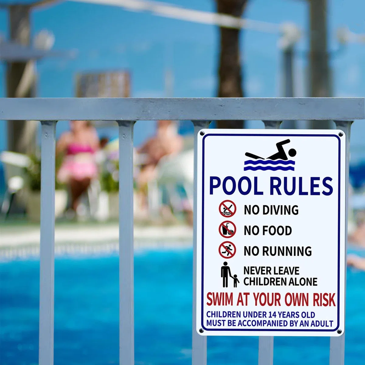 [Paquete 1+1] Letreros de piscina para exteriores, 14 x 10 pulgadas, impresos con "Watch Your Children" y "Swim at Your Own Risk", resistentes a la decoloración y sin óxido, carteles de piscina de