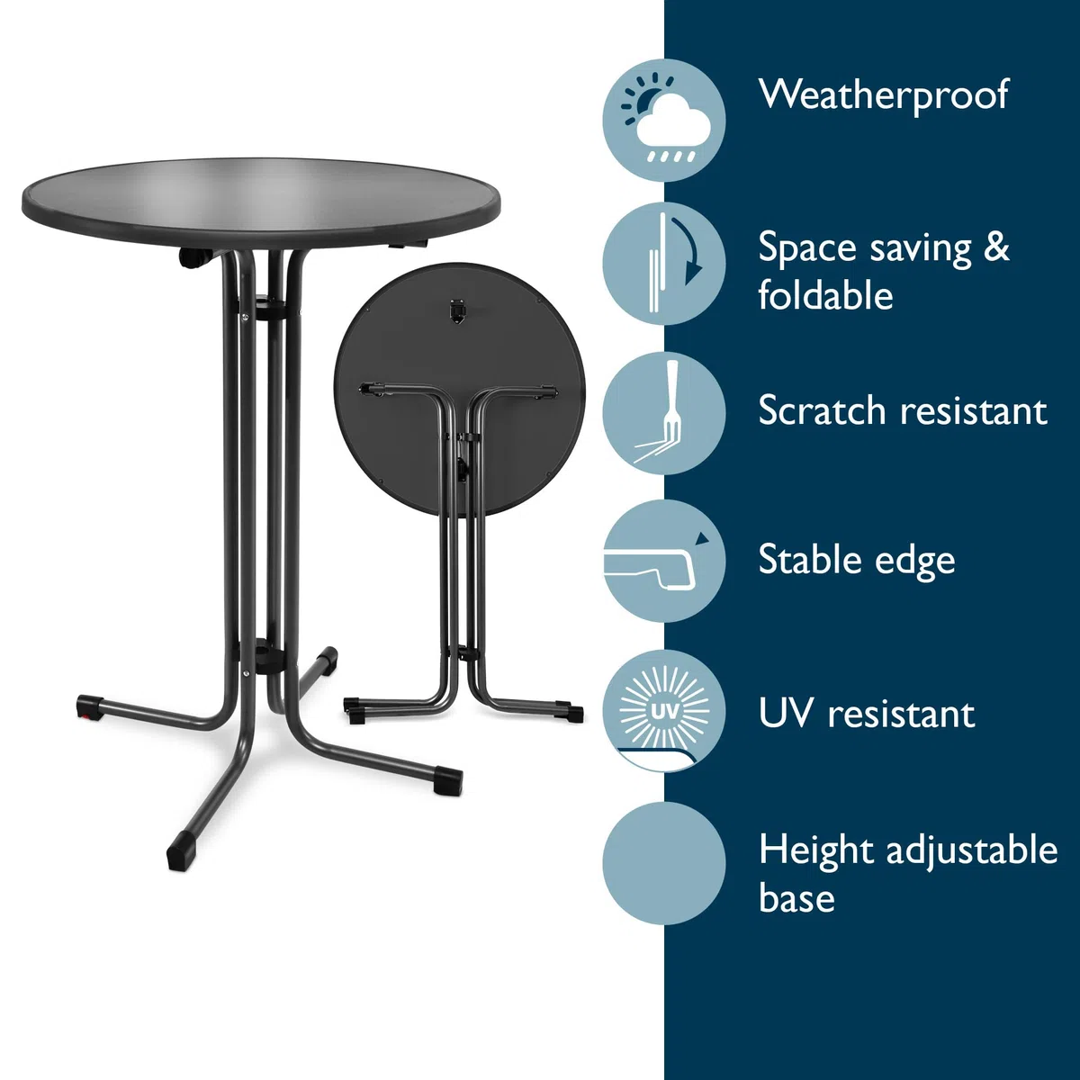 Beautissu Mesa Alta Plegable Negra Ø70cm Bellini – Robusta Mesa Bistró para Exteriores, Resistente a Intemperie, Pie Ajustable en Altura, Fácil Montaje con Soporte Premontado – Mesa Redonda