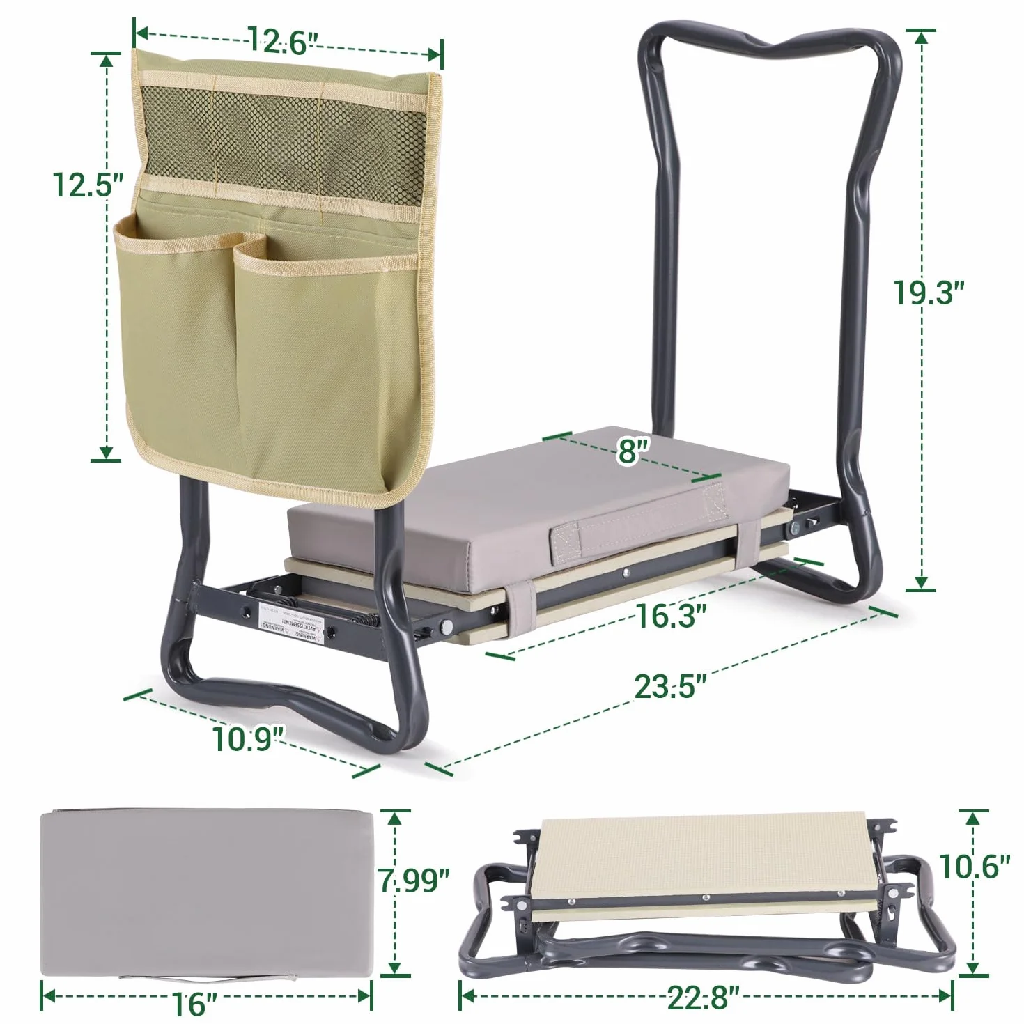 Ohuhu Taburete de jardinería plegable 2 en 1 mejorado con almohadilla suave desmontable, banco de jardín resistente con bolsa de herramientas grande y bolsa, regalos para mujeres, hombres, personas