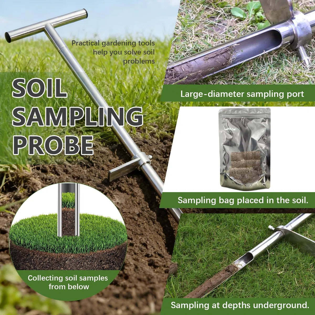 Sonda de Muestreo de Suelo, 91 Mm Muestreador de Suelo Sonda Pedal de Pie Tubular de Acero Inoxidable con 2 Bolsas de Muestras Reutilizables para Cuidado de Plantas y Jardinería