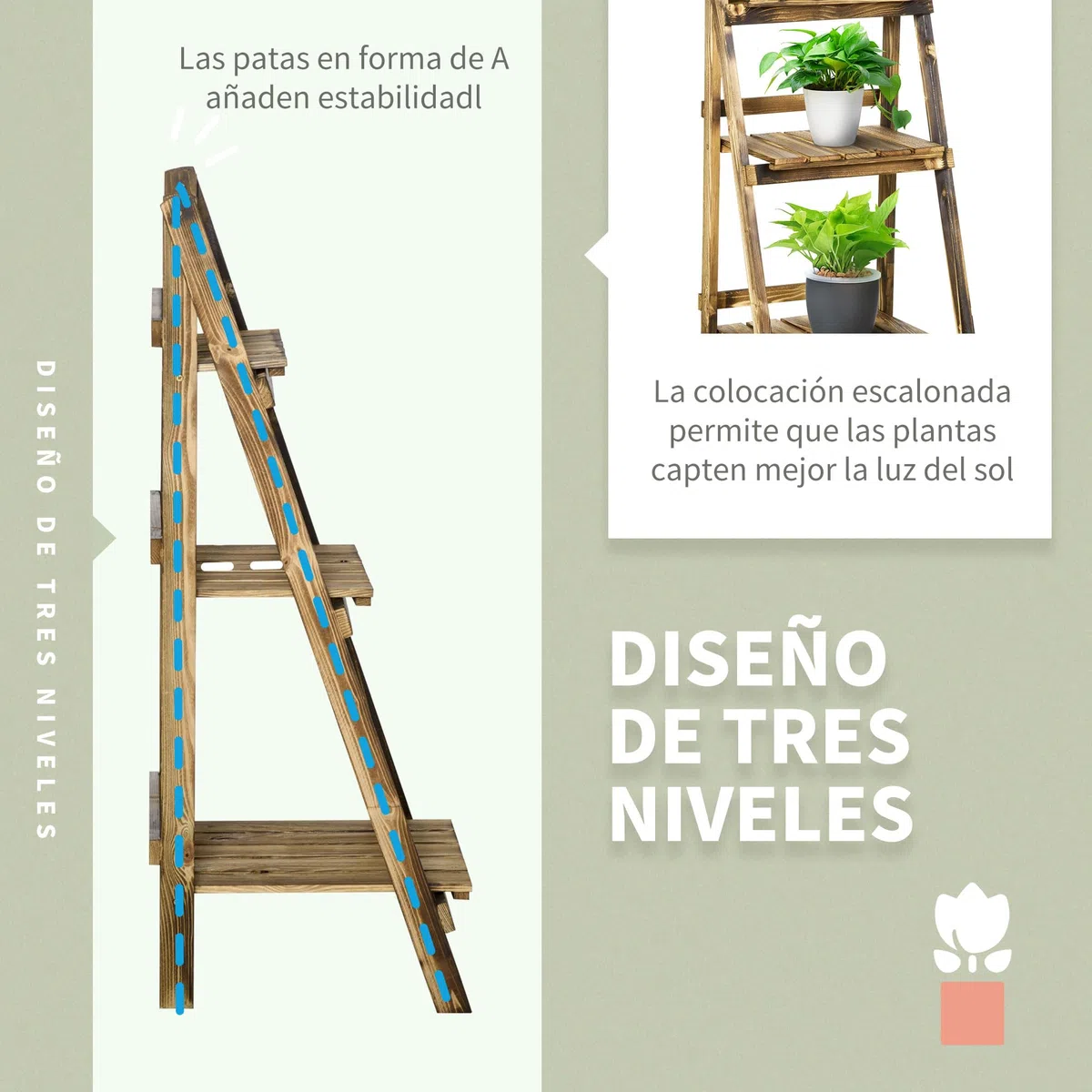 Outsunny Soporte para Plantas de Madera de 3 Niveles, Estantería para Plantas Plegable con Base de Listones, Soporte para Macetas para Interior y Exterior, Terraza, Jardín, 40x37x93 cm, Carbonizado