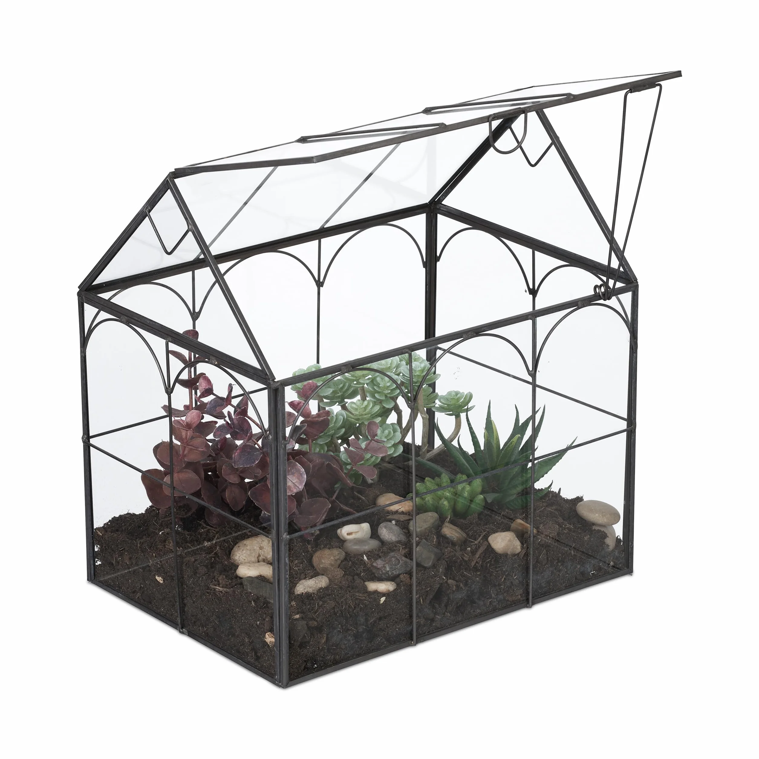 Relaxdays Terrario Plantas, Cristal y Estaño, Casa Decorativa Vidrio para Cactus y Musgo, Terrarium Alféizar, Negro