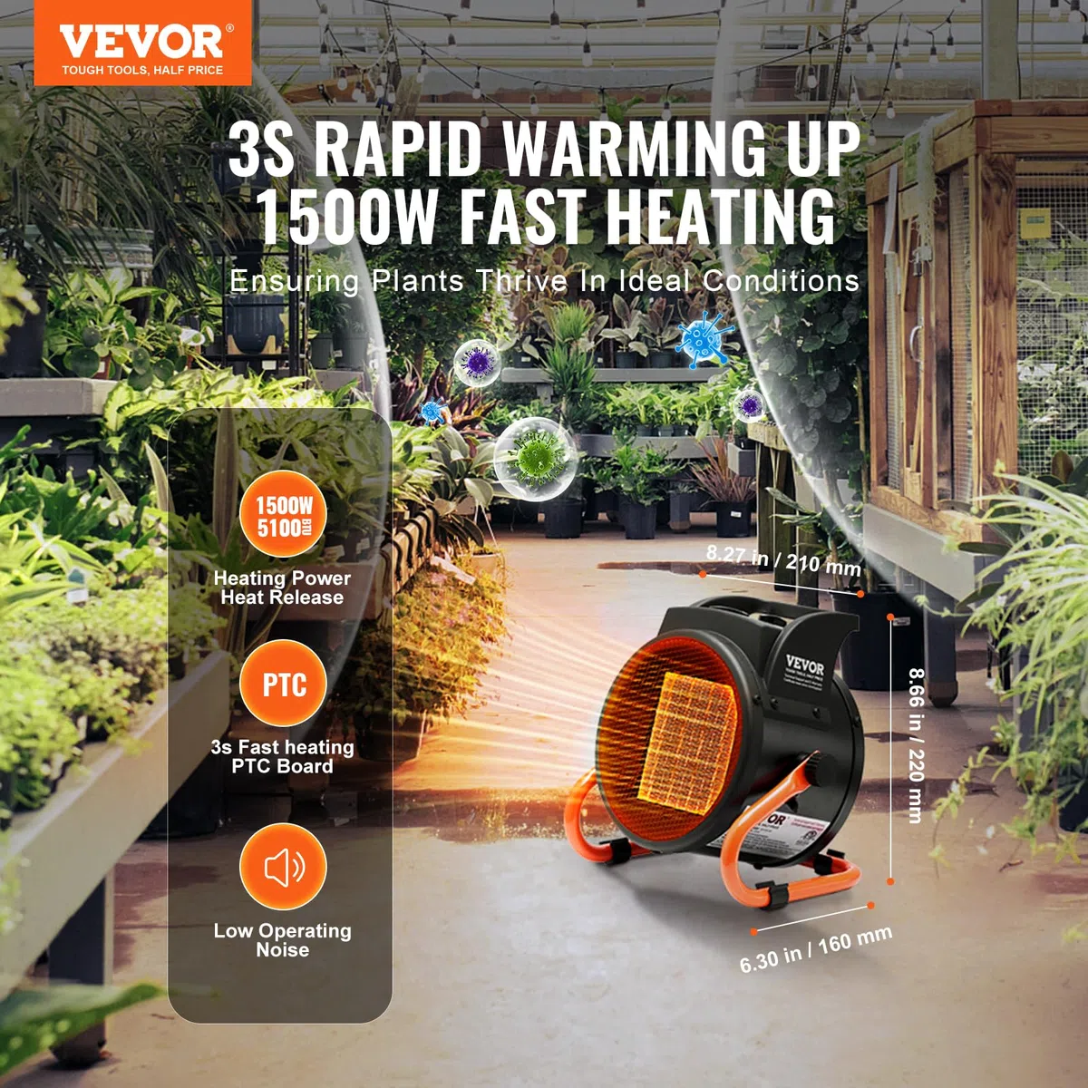 VEVOR Calentador de Invernadero, Calentamiento Rápido de 2000 W con Protección contra Sobrecalentamiento, Calentador de Tienda de Cultivo Pequeño de Configuración de 3 Velocidades, 210 x 160 x 220 mm