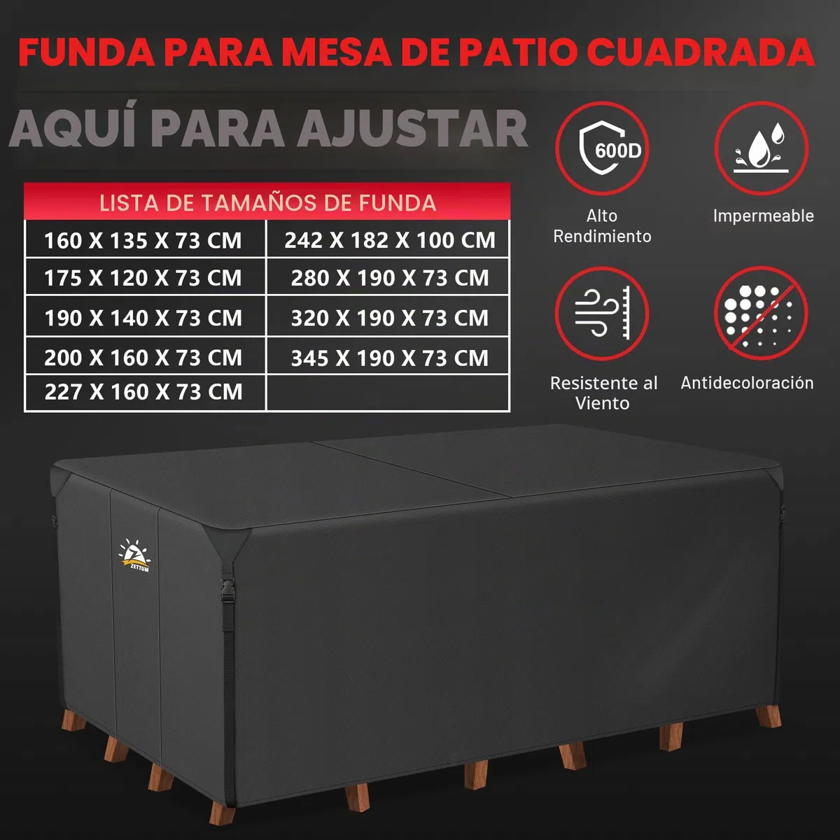 Zettum 345 x 190 x 73 CM Funda para Muebles de Jardín, Impermeable Funda Mesa 600D Oxford en Revestimiento de PU, Tela Protector para Rectangular Mesa Anti Viento Cubierta Mesa Anti-UV