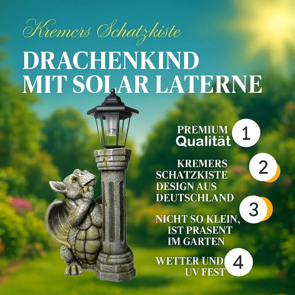 Kremers Schatzkiste Niño Dragón con Linterna Solar 44,5 cm Figura de Dragón Gárgola de Jardín