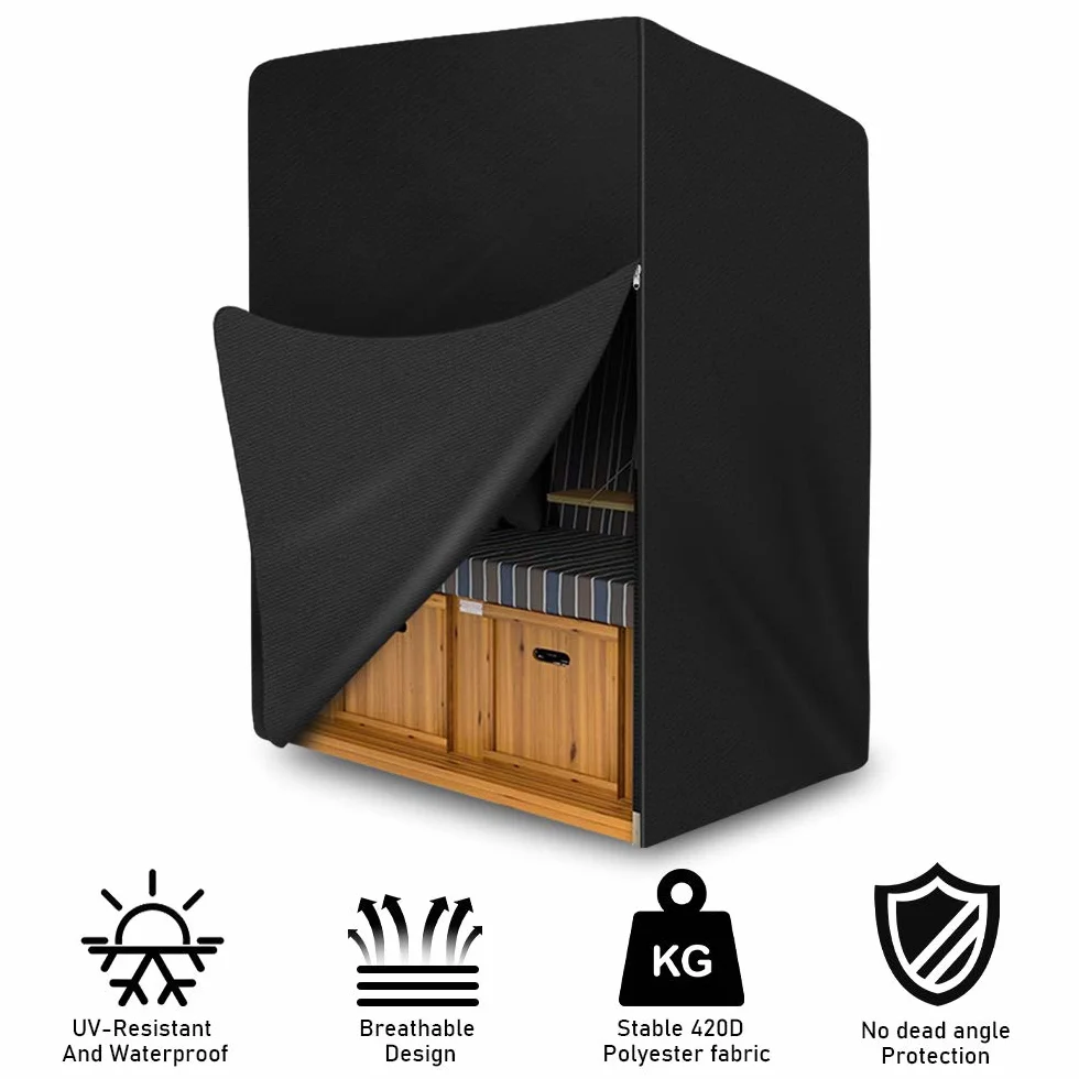 Funda Protectora para Sillón de Playa, Cubierta Sillón de Playa de 420D Oxford, Funda Impermeable Cubierta para Silla de Playa de Mimbre, Protección UV Transpirable - 135 x 105 x 175/140 cm (Negro)