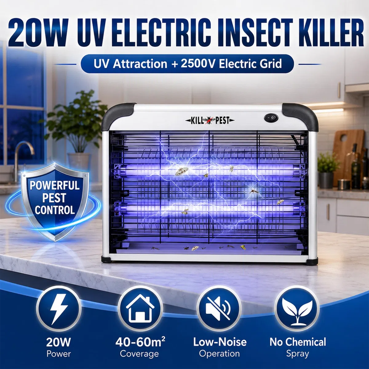 Lámpara Antimosquitos Eléctrica 2500V, 20W UV Exterminador de Insectos, Mata Moscas con Bandeja Extraíble, Trampa para Mosquitos para Casa, Cocina, Dormitorio, Salón