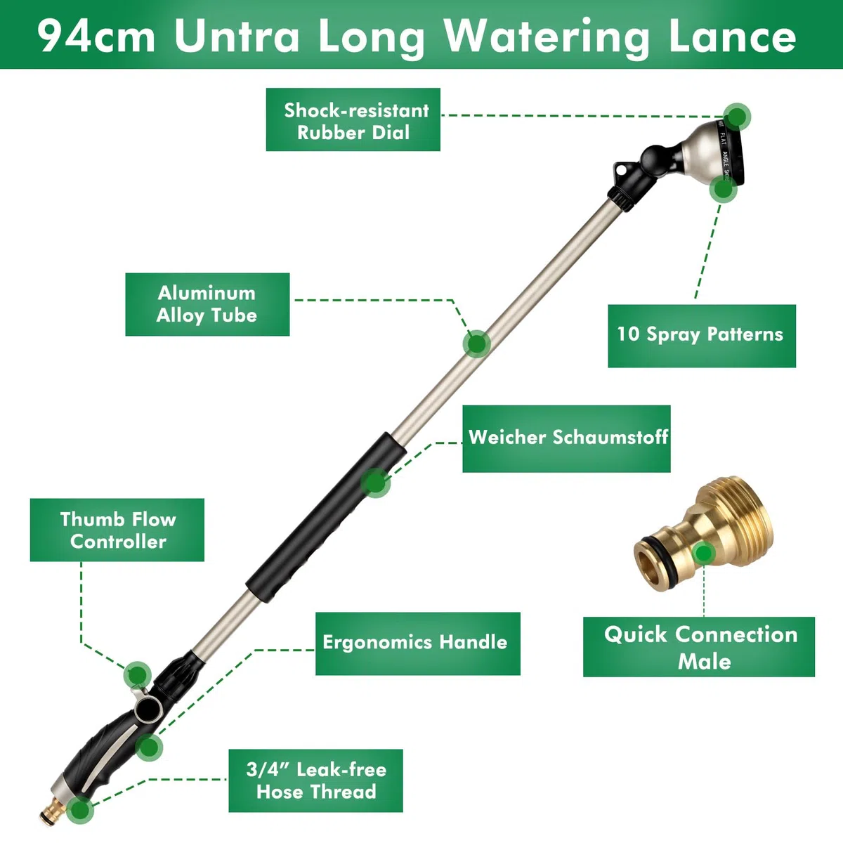 RESTMO Lanza de riego resistente, lanza de metal de 94 cm, cabezal de trinquete ajustable de 180°, varita de manguera de 10 patrones de pulverización, pistola rociadora larga perfecta para jardín,