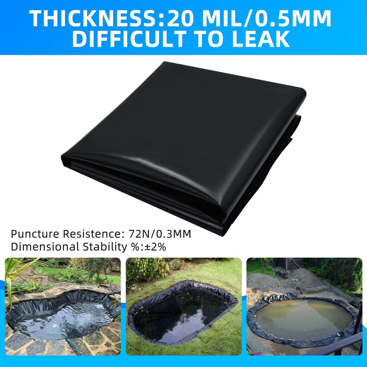 Lámina para estanque de 2 x 6 m, grosor de 0,5 mm, color negro, HDPE para estanques, para estanques de peces, fuentes, estanques de agua, cascada, estanque de jardín