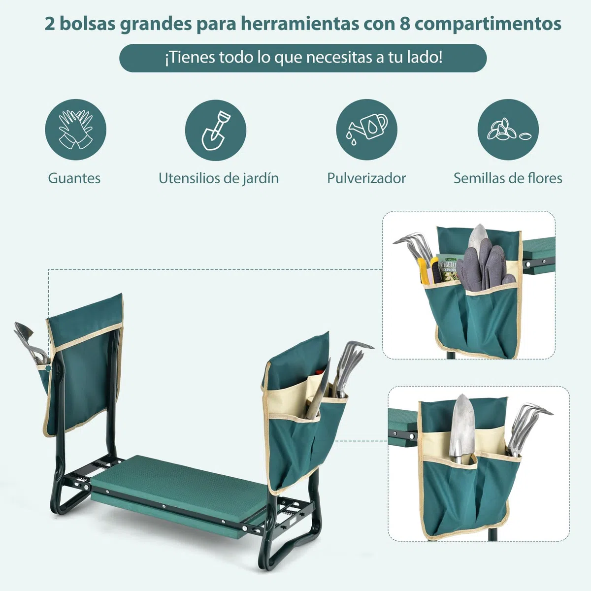 SOARS Banco de Jardín Plegable con Bolsillos para Herramientas y Rodilleras, Taburete de Jardín hasta 150 kg, Rodilleras para Jardinería, 58 x 27,5 x 50 cm (con 2 Bolsa de Herramientas)