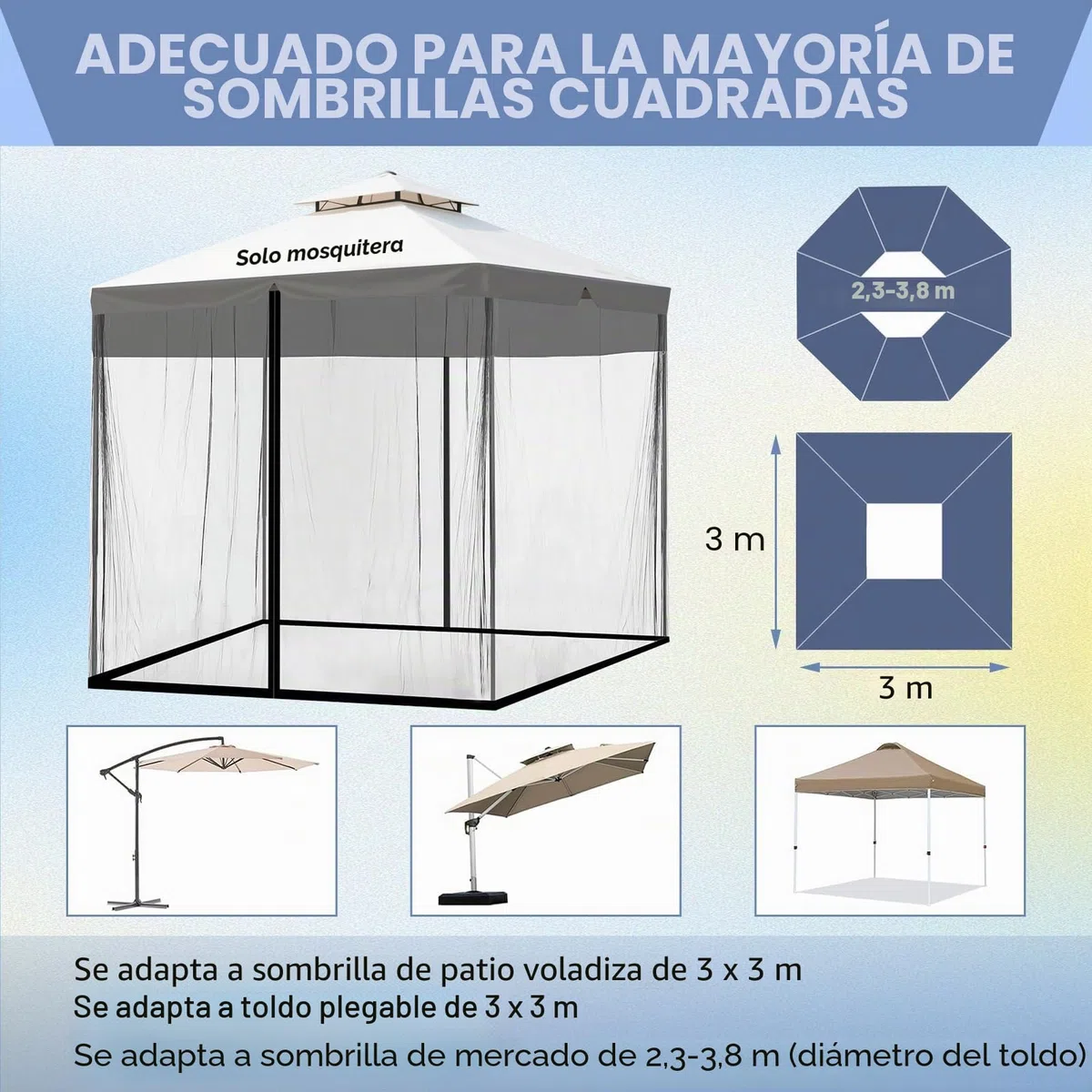 Mosquitera cuadrada para paraguas, red de paraguas de patio, mosquitera a prueba de viento con cremallera, cordón ajustable y base rellenable de agua para paraguas cuadrados, toldos de hierro