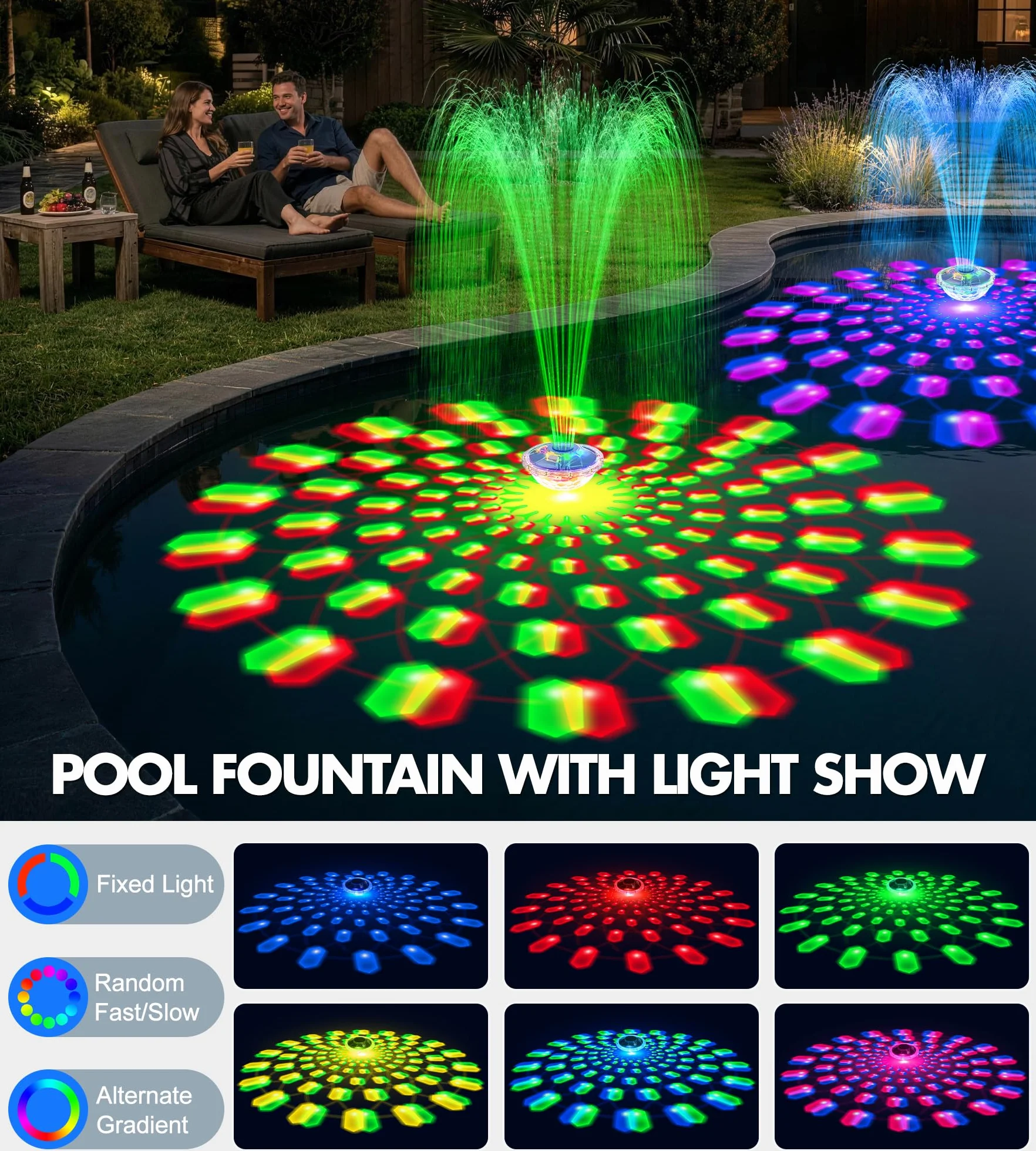 LanBlu Fuente Flotante Piscina con Espectáculo de Luces, 8000mAh Fuente de Piscina con Ancla, 2 Modos de Chorro Fuentes Piscinas Alcance de Hasta 130cm, Flotante Fuentes de Agua para Piscinas Estanque