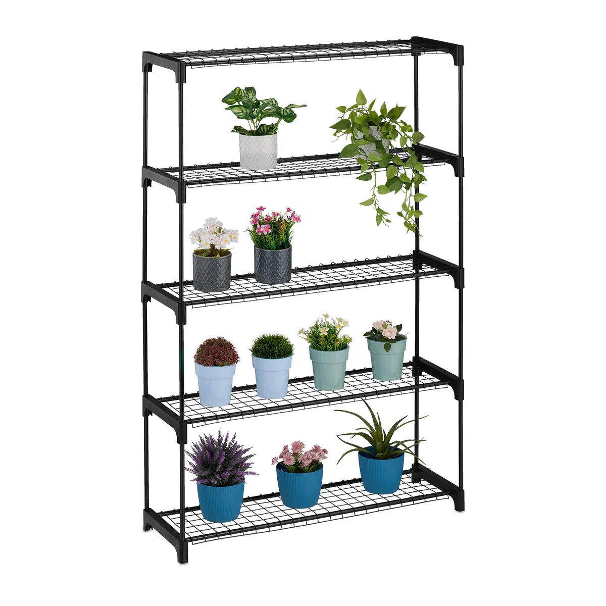 Relaxdays Estantería para Plantas, 5 Niveles, Mueble Macetas Flores y Hierbas, Soporte Metálico, 140 x 91 x 28 cm, Negro