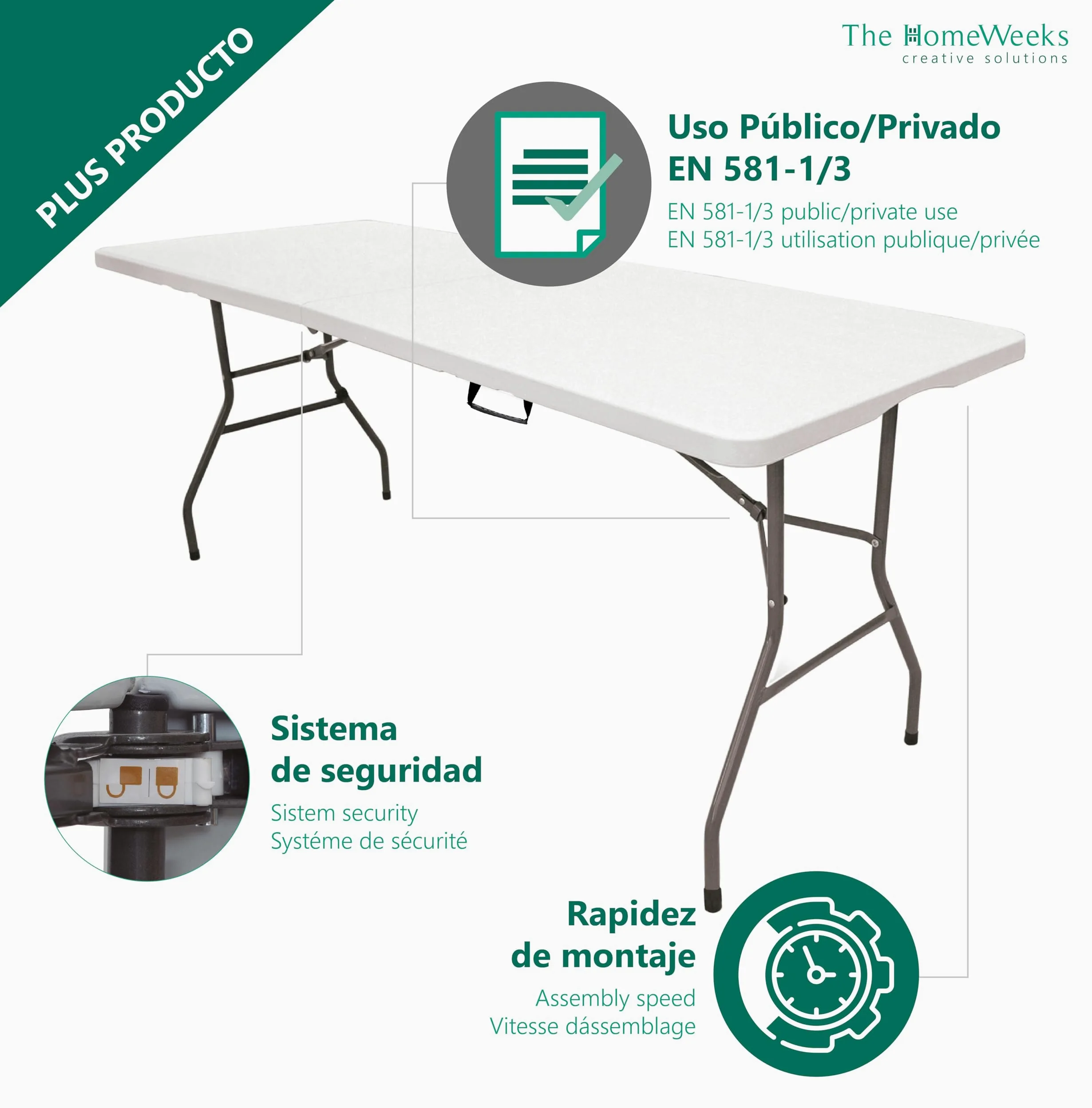 The Homeweeks Mesa Plegable Solid 180cm | portátil | Normativa Uso público Interior/Exterior EN 581-1/3 | Tablero Resina HDPE 3,5cm | Capacidad 6/8 Personas y Carga 150 kg | Multiuso