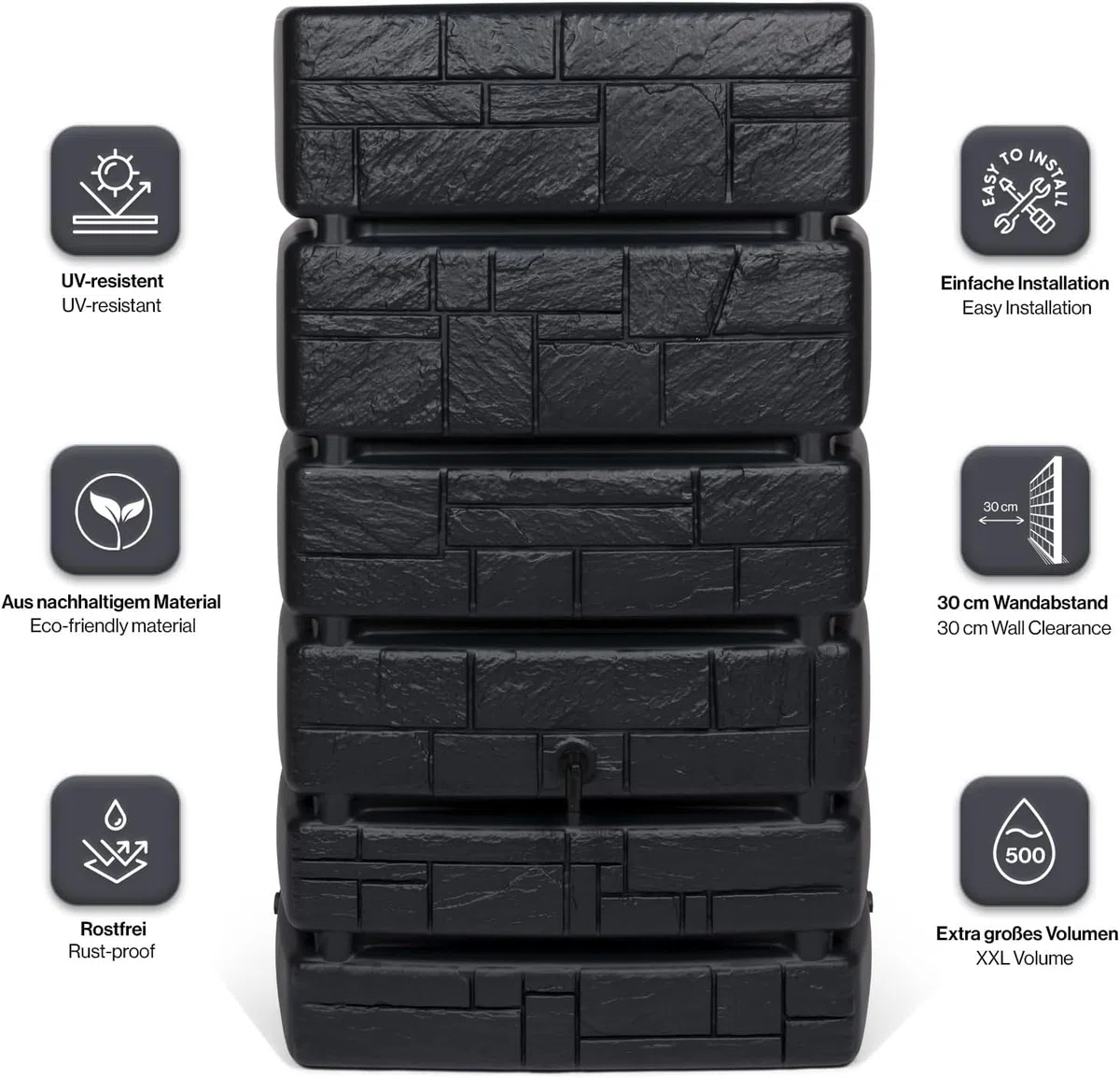 Kreher Barril de agua XXL con grifo, diseño de piedra, color antracita, 500 litros de capacidad de uso, dimensiones (ancho x profundidad x alto): 77,5 x 58,3 x 130 cm