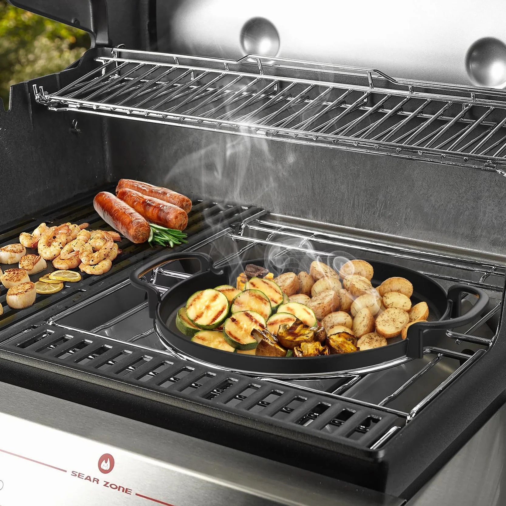 Onlyfire Plancha Hierro Fundido pare Weber 7421 Gourmet BBQ System, para Parrilla de Carbón Weber Original Kettle Premium de 57 cm, Ø30.5cm, Negro