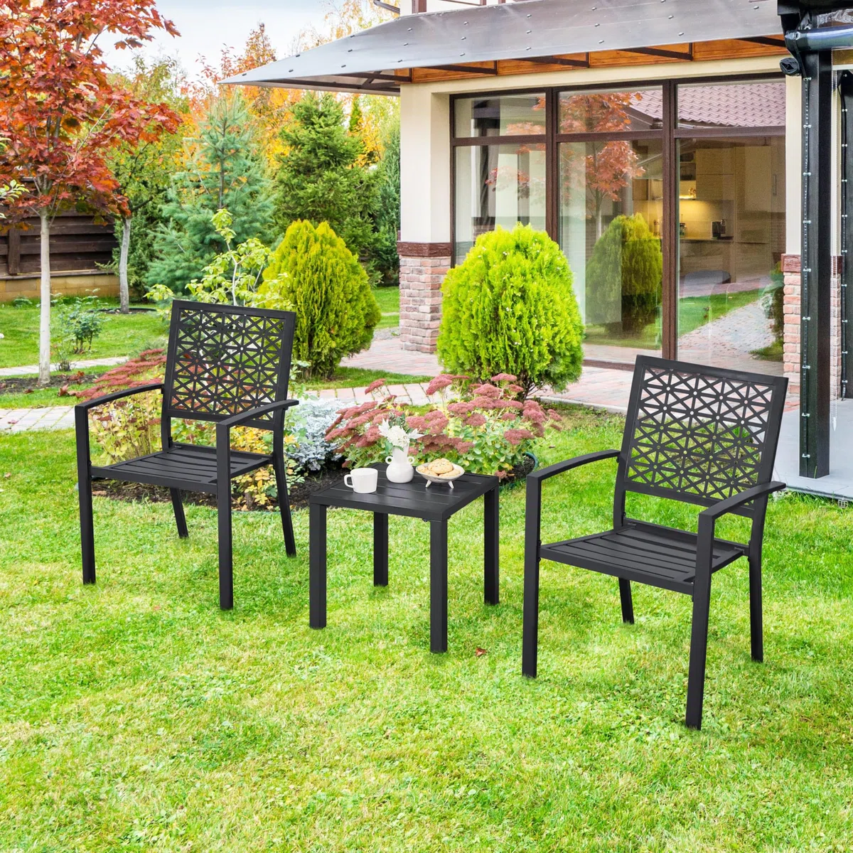 Yaheetech Mesa de Comedor Jardín Auxiliar Exterior Cuadrada Metal Mesa de Café Resistente Mesa Auxiliar Outdoor 45X45X45,5 cm para Terraza Patio Balcón Color Negro