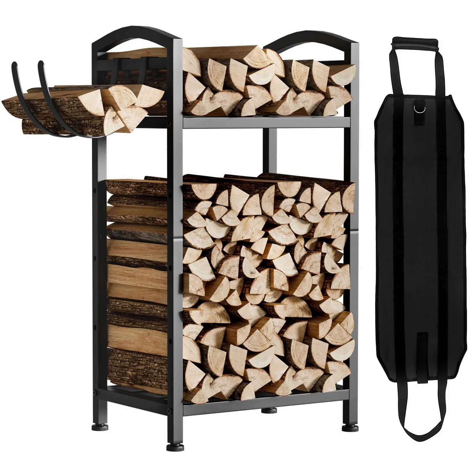 Yorbay Estantería para leña interior de metal pequeña: estante de doble capa con ganchos y bolsa para leña de chimenea - Negro Estante de madera robusto para chimenea - almacenamiento exterior de leña