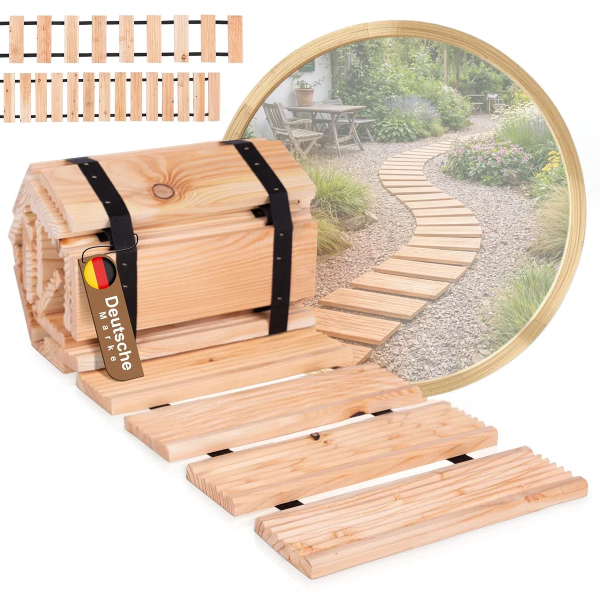 BooGardi Camino de alerce en 6 tamaños 250 cm de largo · 30 cm / 40 cm / 50 cm de ancho · 40 cm distancia entre listones 8 cm · camino de madera para desenrollar · Escalera de madera para jardín