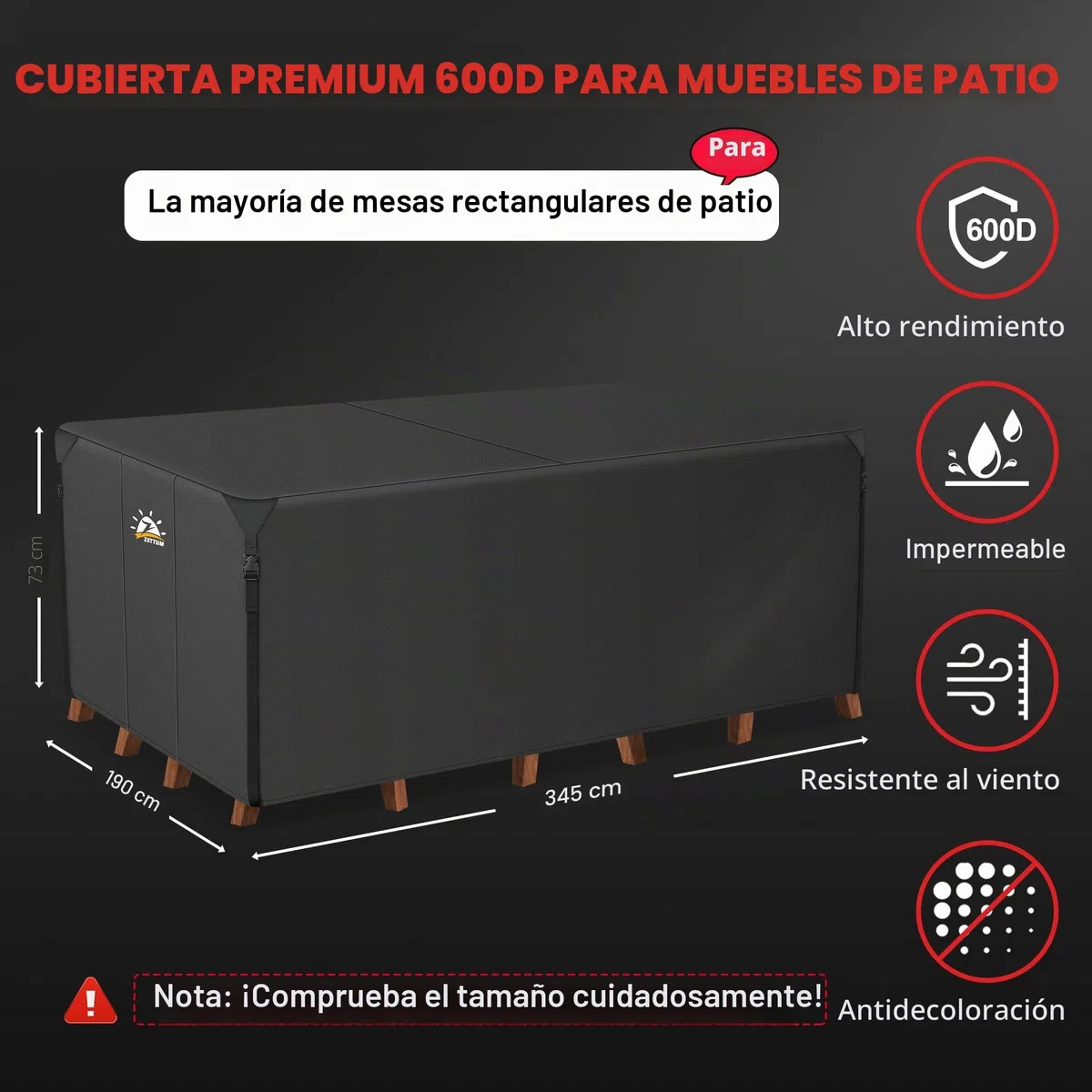Zettum 345 x 190 x 73 CM Funda para Muebles de Jardín, Impermeable Funda Mesa 600D Oxford en Revestimiento de PU, Tela Protector para Rectangular Mesa Anti Viento Cubierta Mesa Anti-UV