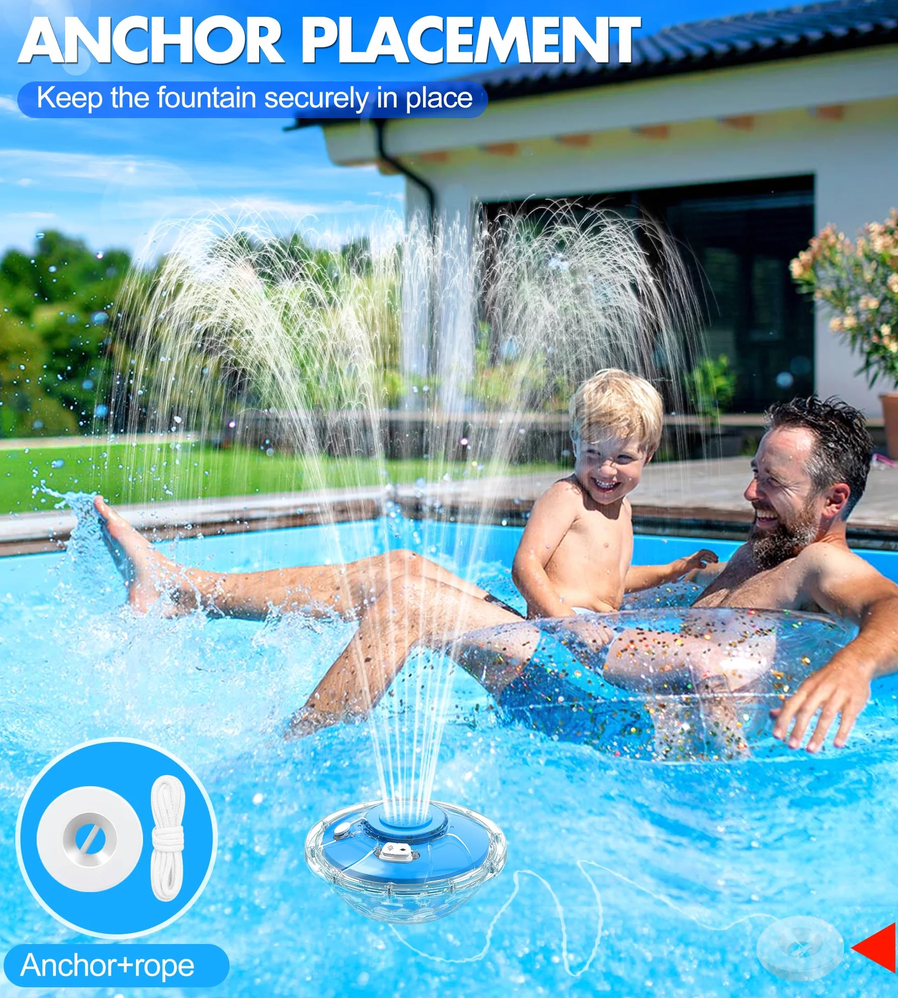 LanBlu Fuente Flotante Piscina con Espectáculo de Luces, 8000mAh Fuente de Piscina con Ancla, 2 Modos de Chorro Fuentes Piscinas Alcance de Hasta 130cm, Flotante Fuentes de Agua para Piscinas Estanque