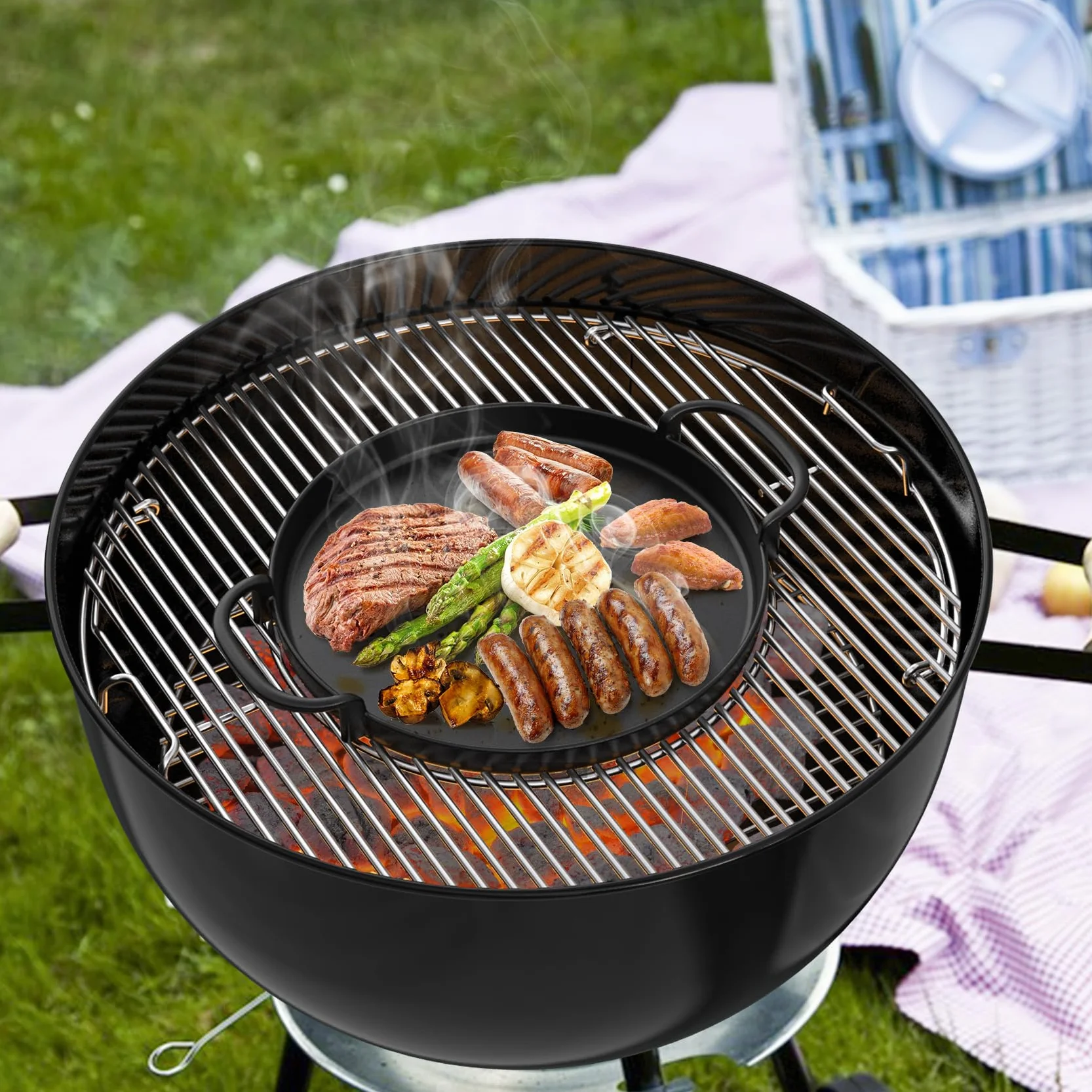 Onlyfire Plancha Hierro Fundido pare Weber 7421 Gourmet BBQ System, para Parrilla de Carbón Weber Original Kettle Premium de 57 cm, Ø30.5cm, Negro