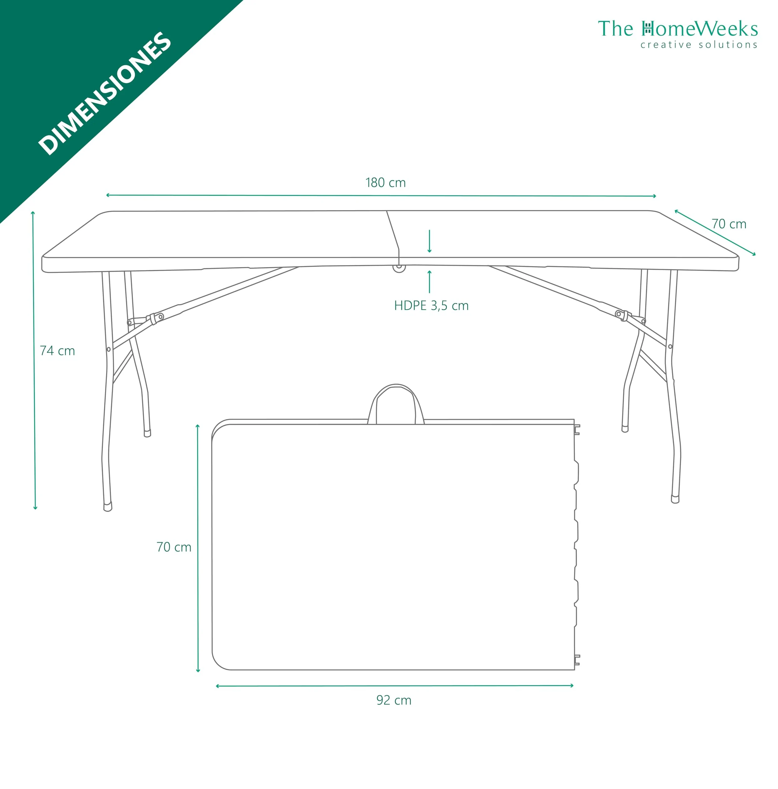 The Homeweeks Mesa Plegable Solid 180cm | portátil | Normativa Uso público Interior/Exterior EN 581-1/3 | Tablero Resina HDPE 3,5cm | Capacidad 6/8 Personas y Carga 150 kg | Multiuso