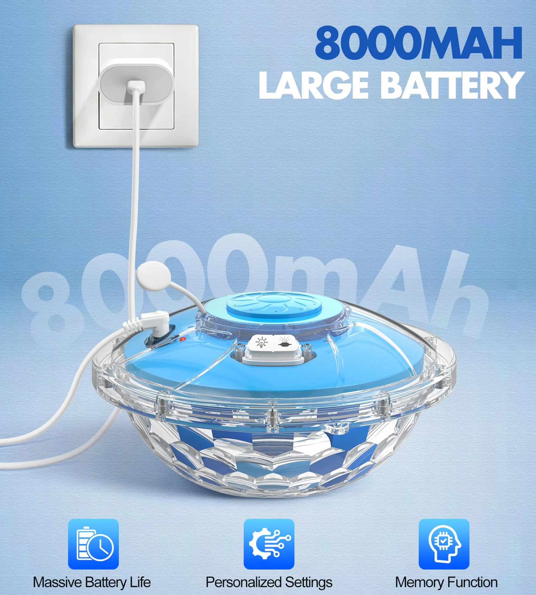 LanBlu Fuente Flotante Piscina con Espectáculo de Luces, 8000mAh Fuente de Piscina con Ancla, 2 Modos de Chorro Fuentes Piscinas Alcance de Hasta 130cm, Flotante Fuentes de Agua para Piscinas Estanque