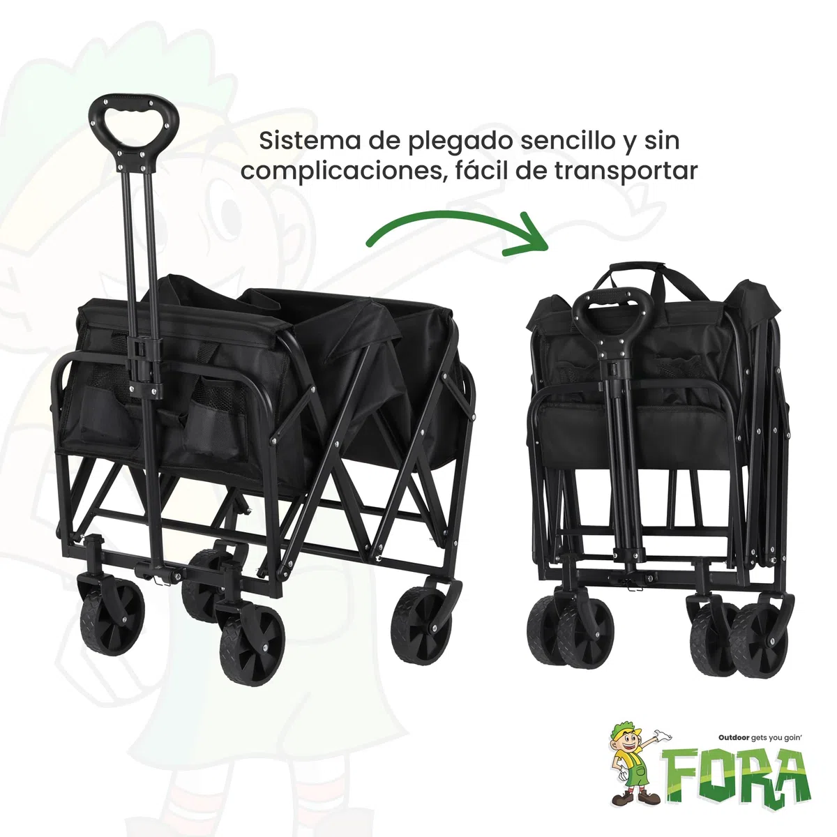 Fora Carro de Transporte Plegable con Ruedas Grandes – Carro Multiusos para Playa, Camping, Jardín y Compras | Estructura Resistente, Asa Extensible Ajustable, Tela Impermeable, Carga hasta 60 kg