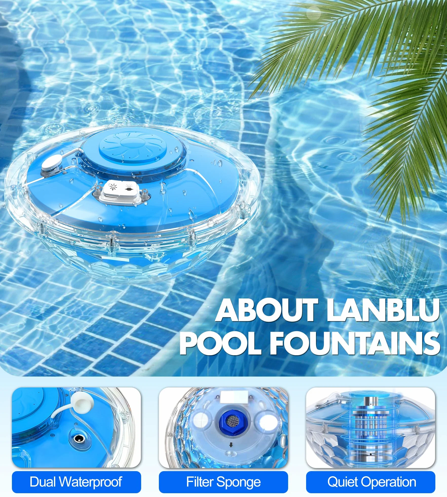 LanBlu Fuente Flotante Piscina con Espectáculo de Luces, 8000mAh Fuente de Piscina con Ancla, 2 Modos de Chorro Fuentes Piscinas Alcance de Hasta 130cm, Flotante Fuentes de Agua para Piscinas Estanque