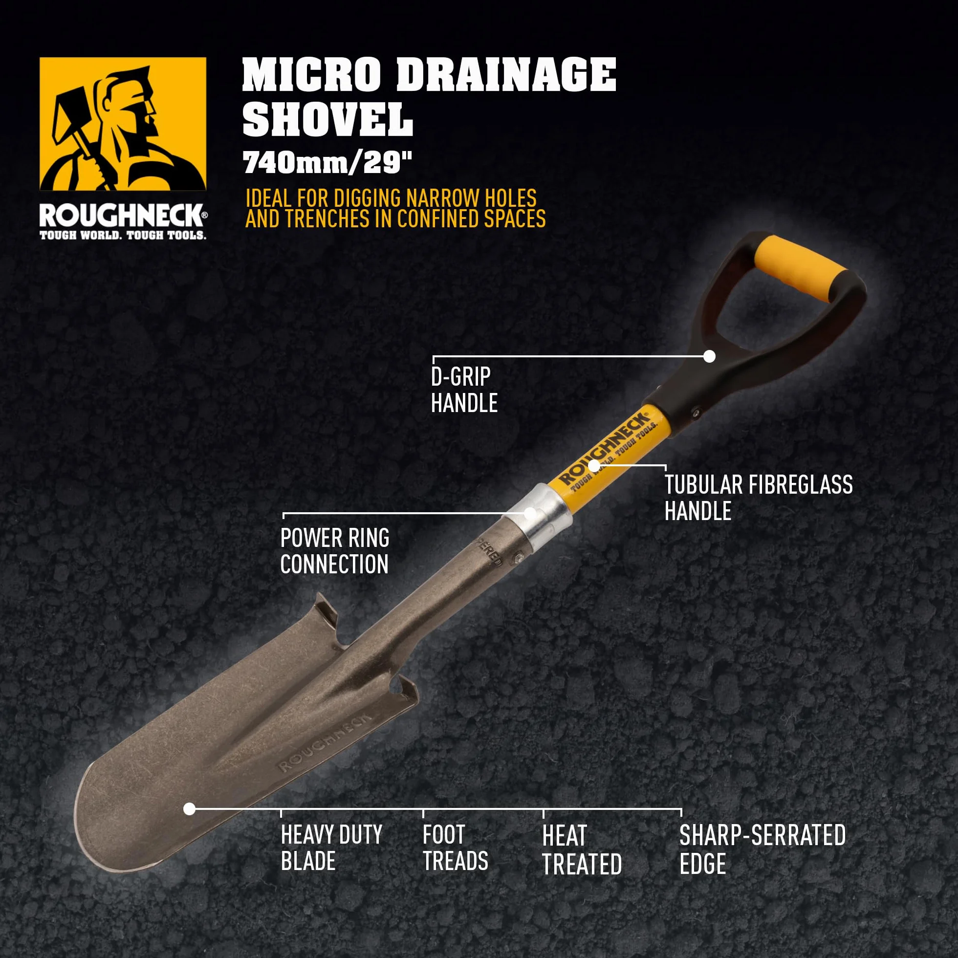 Pala de Drenaje Roughneck Micro de 740 mm (29") – Hoja Larga y Redonda de Alta Resistencia para excavar zanjas, Canales y Agujeros Estrechos y Profundos en Espacios reducidos